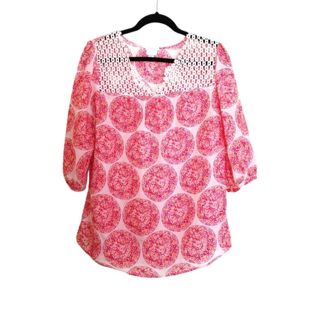 Calypso St. Barth 100% Silk 3/4 Sleeve Floral Crochet Tunic Top Size M